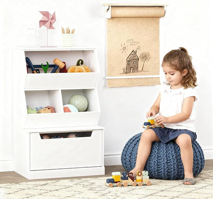 UTEX Slanted Kids Toy Storage Organizer, Children Storage Cubby with Drawer | Kids Bookshelf and Bookcase, Full-Width Smooth Drawer, Perfect Height for Kids, Toy Room, Playroom, Nursery, Wood, White