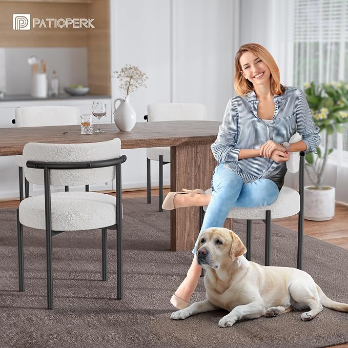 PatioPerk Boucle Dining Chairs Set of 2, White Mid Century Morden Chair with Curved Backrest, Round Upholstered Sherpa with Metal Legs, Suitable for Various Kitchen Styles