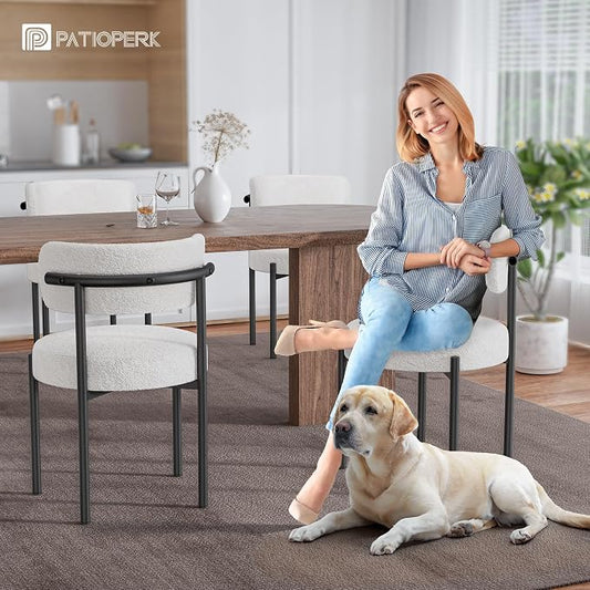 PatioPerk Boucle Dining Chairs Set of 2, White Mid Century Morden Chair with Curved Backrest, Round Upholstered Sherpa with Metal Legs, Suitable for Various Kitchen Styles