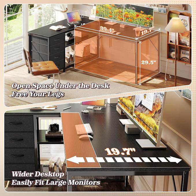 PRAISUN 53" L Shaped Desk with Power Outlets & USB-C Port, Reversible Computer Corner Office Desk with 4 Fabric Drawers and 2 Storage Shelves, Large Desk for Gaming Writing Work Study, Black