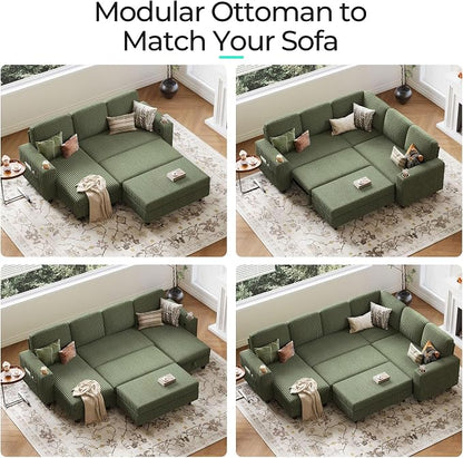 LINSY HOME Sectional Sleeper Sofa with Pull Out Couch Bed for Living Room (Green) | Plush Corduroy
