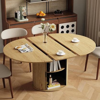 47''-63'' Extendable Round Dining Table for 4-6, Round Dining Room Table with Hidden Storage, Modern Wooden Kitchen Table with Fluted Sliding Door Cabinet for Dining Room Kitchen, Nature
