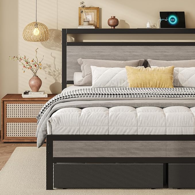 HISOFT Queen Bed Frame with Storage, Wood Headboard with Fast Charging Station, LED Lights, Platform Bed Frame Queen Size, Fabric Drawers with Wheels, No Box Spring Needed, Noise Free, Rustic Grey