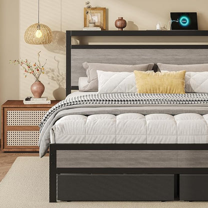 HISOFT Queen Bed Frame with Storage, Wood Headboard with Fast Charging Station, LED Lights, Platform Bed Frame Queen Size, Fabric Drawers with Wheels, No Box Spring Needed, Noise Free, Rustic Grey