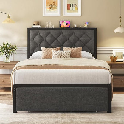 Fluest Twin Bed Frame with Storage Drawer, Upholstered Headboard Button Tufted Bed Frame with Charging Station, No Box Spring Needed, Noise-Free, All Metal Structure, Grey