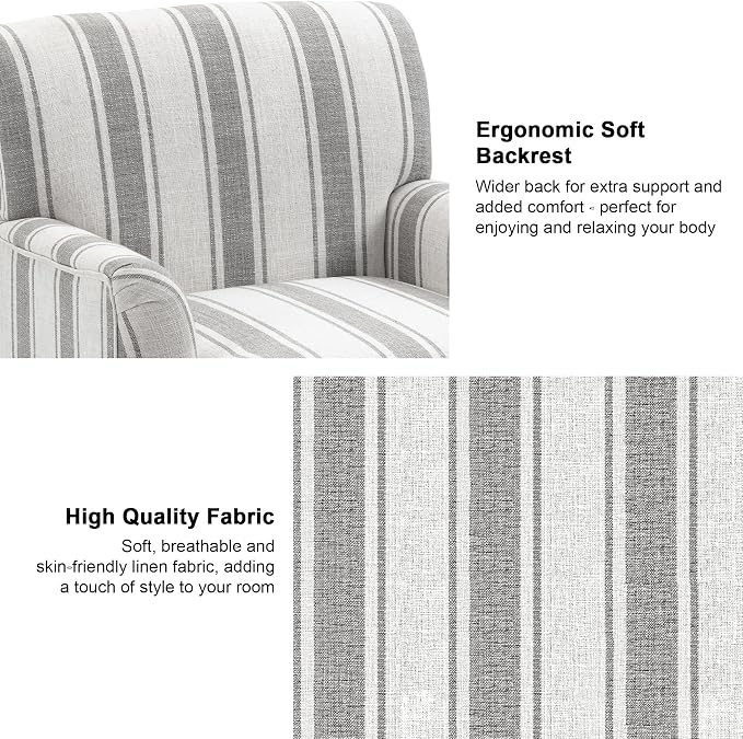 Accent Chair, Mid Century Modern Comfy Armchair for Living Room, Linen Fabric Single Sofa Lounge for Reading Bedroom Apartment Waiting Room with Wood Legs (Grey Stripe, Set of 1)