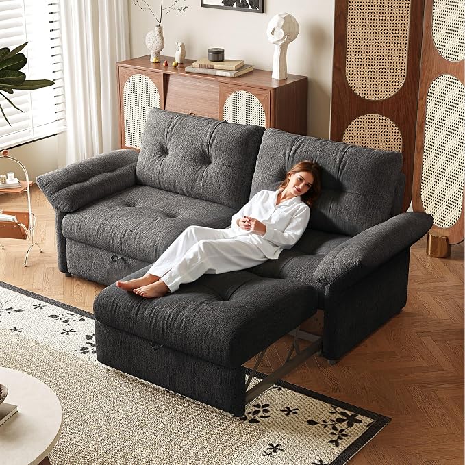 81.5" Pull Out Sofa Bed Full Size, Pre-Assembled Chenille Sleeper Sofa, Convertible Loveseat Futon Couch with Tufted, Pillows, for Apartment, Living Room, Small Spaces, dorms, Grey