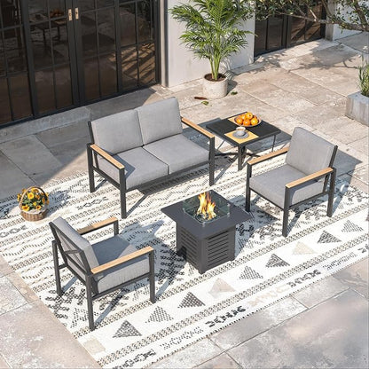5-Piece Patio Furniture Set with Fire Pit Table & Coffee Table & Removable Washable Cushions, All-Weather Metal Frame and Wood-Like Armrests for Porch, Garden, Balcony,Grey