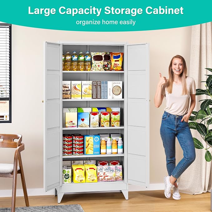 SISESOL Pantry Storages Cabinet with 2 Doors and 5 Shelves,Tall Storage Cabinet,Large Cupboard Closet,Metal Storage Cabinet for Home,Bathroom,Dining/Living Room (White, 71" H)