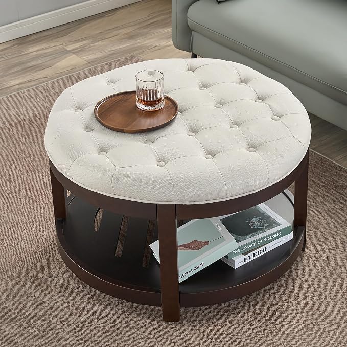 adochr Round Coffee Tables for Living Room,33’’ Storage Ottoman with Wooden Tray, Upholstered Ottoman Footrest, Beige
