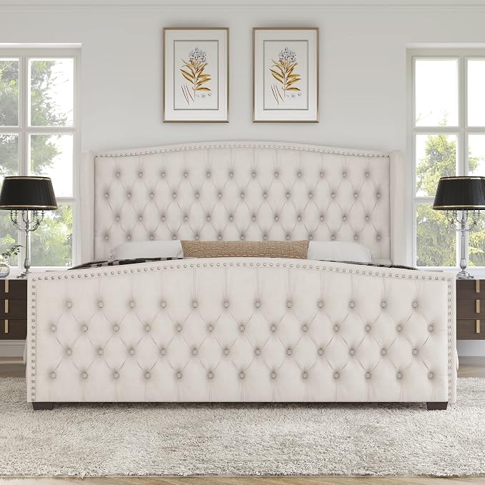 AMERLIFE Queen Size Platform Bed Frame, Velvet Upholstered Bed with Deep Button Tufted & Nailhead Trim Wingback Headboard/No Box Spring Needed/Cream