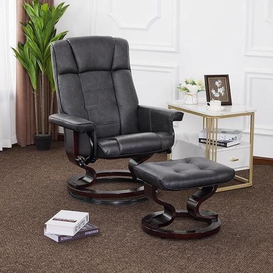MCombo Manual Swivel Recliner with Ottoman, Chair Ottoman Set for RV Small Spaces, Living Room, Bedroom, Office 9019 4919 (Faux Leather, Dark Grey)