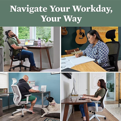 HON Altern Ergonomic Office Chair with Headrest, Mid‑Back Mesh Desk Chair, Adjustable Arms, Seat Slide, Synchro‑Tilt, Rolling Computer Seat for Home Office, White Frame, Black