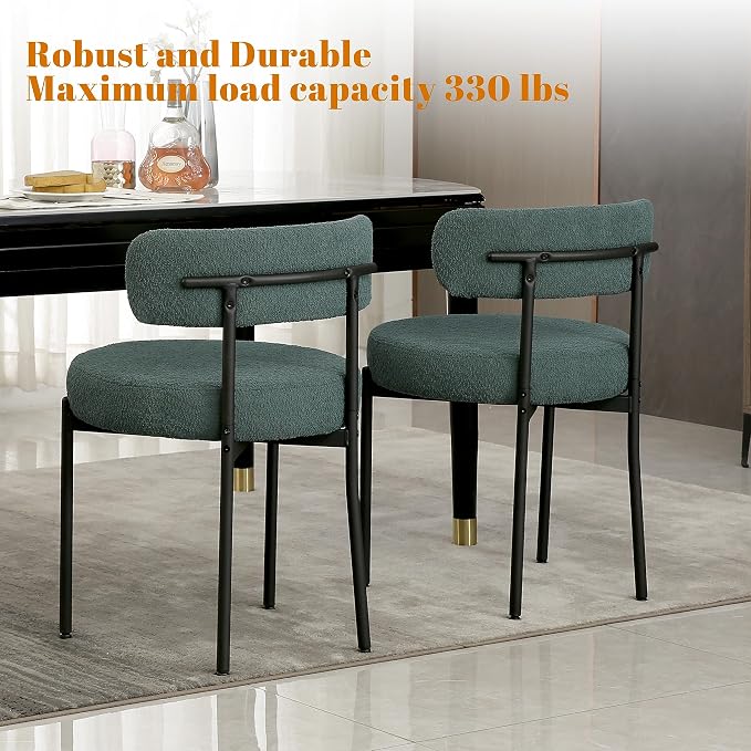 DYHOME Green Dining Chairs Set of 2, Mid-Century Modern Dining Chairs, Kitchen Dining Room Chairs, Curved Backrest Round Upholstered Boucle Sherpa Dining Chair with Black Metal Legs