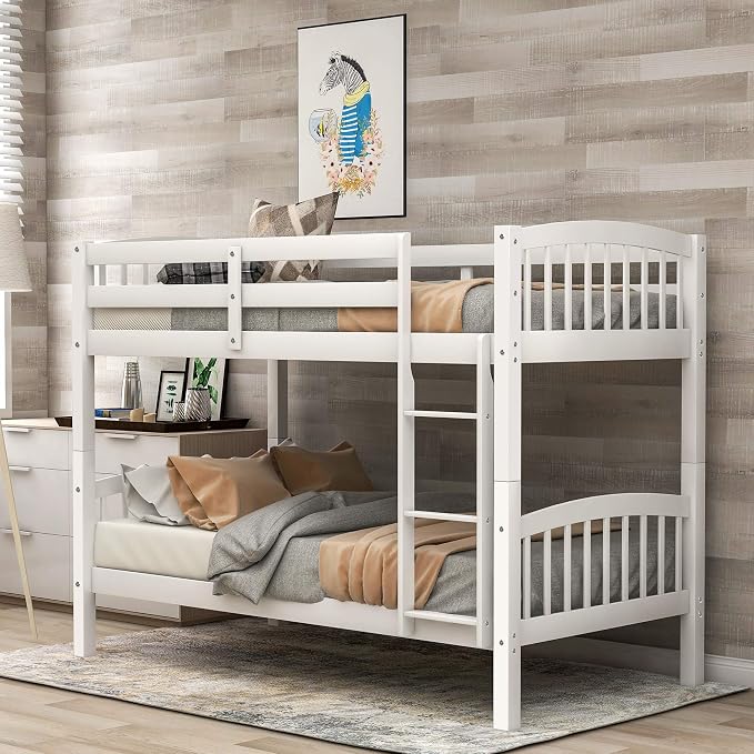 Merax Twin Over Twin Bunk Bed with Ladder and Guardrails,Convertible Bunk Bed can be Two Platform Beds(White)
