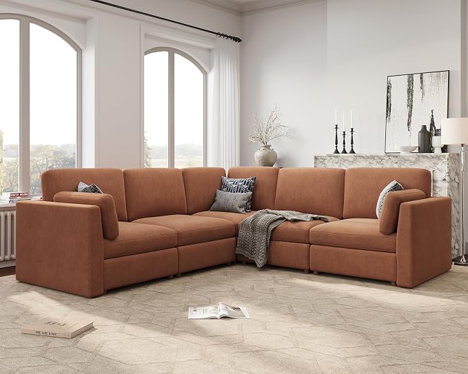 Oversized Modular Sectional Sofa V-Shaped Cloud Couches Brown | 109'' Deep Seat Couch for Living Room, 5-Seater Luxury Comfortable Corner sofa, Solid Wood Frame, Removable Washable Cover