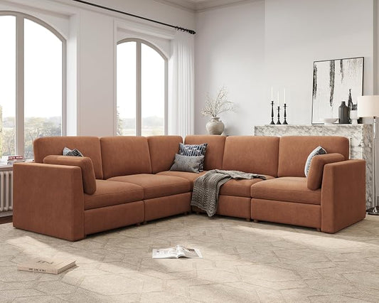 Oversized Modular Sectional Sofa V-Shaped Cloud Couches Brown | 109'' Deep Seat Couch for Living Room, 5-Seater Luxury Comfortable Corner sofa, Solid Wood Frame, Removable Washable Cover