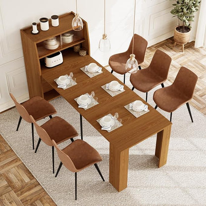 HIPIHOM 86.6" Extendable Kitchen Table Set for 6, Storage Cabinet | Space-saving Extendable MDF Dining Set with 6 Brown Chairs, Family Meal, Apartment, Small Room