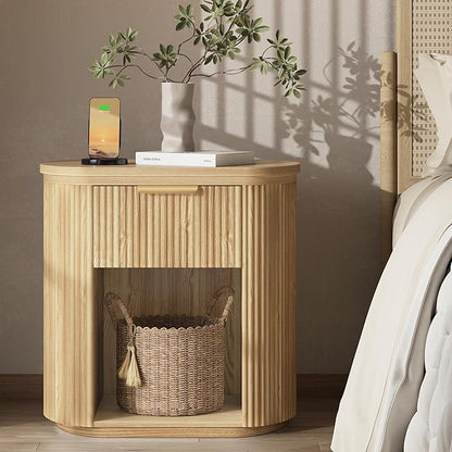 Fluted Nightstand with Charging Station, 23.6" Large Bedside Side Table with Drawer, Wood End Table with Storage, Curved Round Corner, Furniture Bedroom Sofa, Mid Century Modern, Farmhouse Boho,Oak