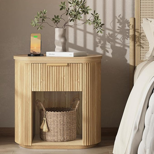 Fluted Nightstand with Charging Station, 23.6" Large Bedside Side Table with Drawer, Wood End Table with Storage, Curved Round Corner, Furniture Bedroom Sofa, Mid Century Modern, Farmhouse Boho,Oak