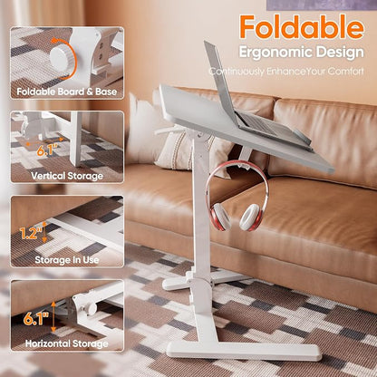 Monomi Mobile Folding Desk, Metal Furniture Small Sit-Stand Height Adjustable Rolling Laptop Desk, Space-Saving Portable Desk with Wheels for Home Office Craft & Study, White