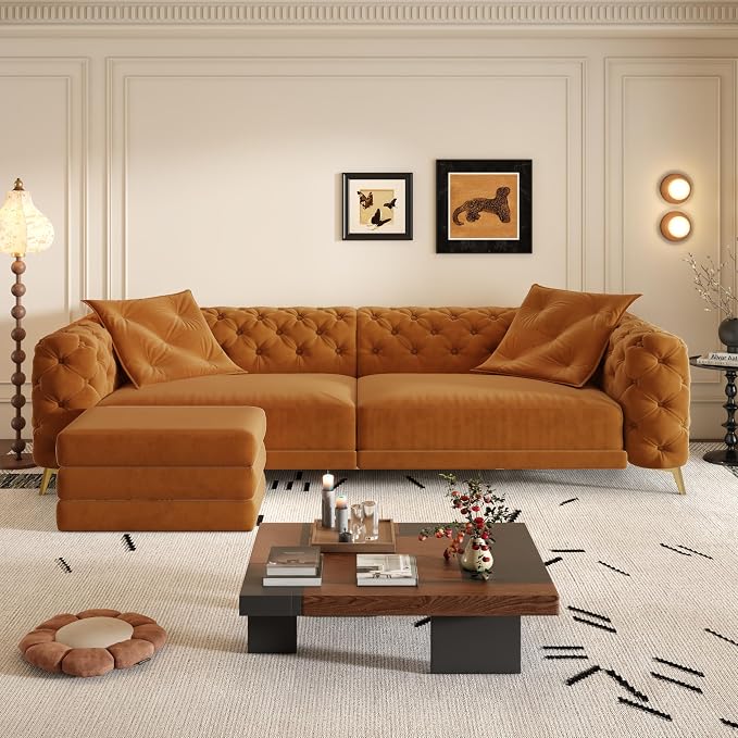 97.7" Convertible Queen Sleeper Sofa with Ottoman - Button Tufted Pull Out Sofa Bed, Velvet King Size Couch Bed & Vintage Deep Seat 4-Seater Couch for Small Spaces, Apartment & Living Room, Orange | Button Tufted