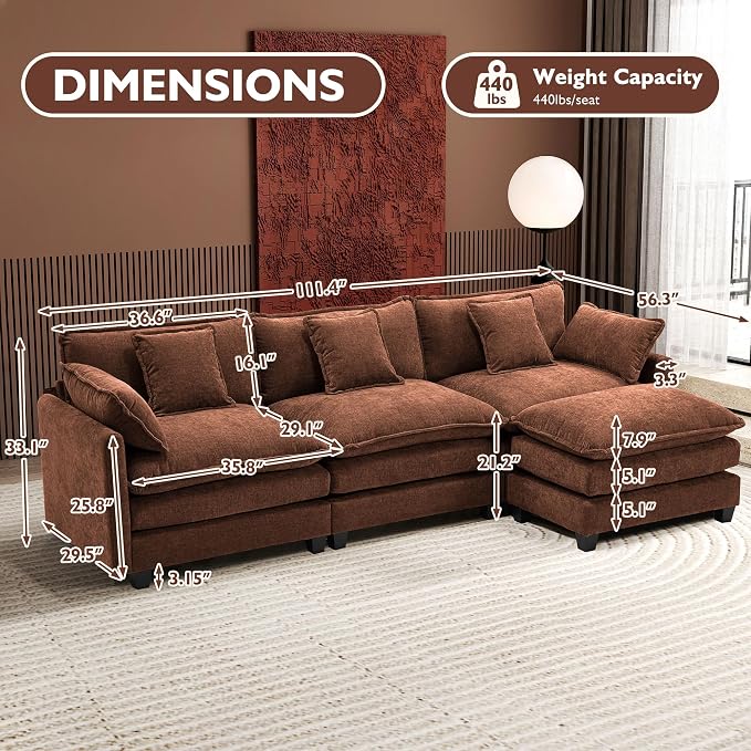 Ihanherry 111.4" L Shaped Modern Sofa Modular Sectional Luxurious and Comfortable with Ottoman, 4-Seat Chenille Deep Seat Sofa with Pillow for Living Room, Bedroom and Apartment, Brick Red