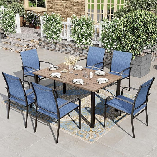 HERA'S HOUSE Patio Table and Chairs for 6, 7 Pieces Outdoor Deck Dining Sets, Wood-Like Rectangular Metal Table Set with Chairs for Lawn Garden Backyard, Blue