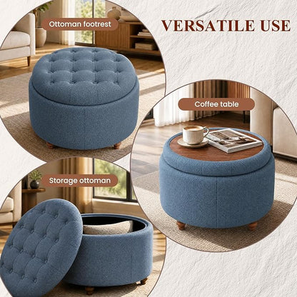 25Inch Round Ottoman with Storage, Tufted Fabric Modern Circle Ottoman with Reversible Tray Lid and Wood Legs, Multi-Functional Small Coffee Table for Living Room, Bedroom, Blue