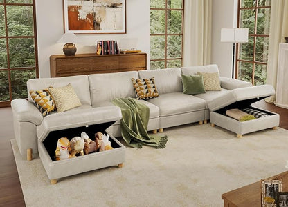 SITJOY Large Cloud Couch, 149" Wide 4 Seater U Shape, Faux Leather in White | Pet-Friendly Scratch-Resistant Leather Sectional Sofas for Living Room, Deep Seat Wide Couch with Chaise, Storage Ottoman