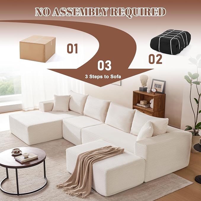 Mangodan 140” Cloud Sectional Couch, Modular Sectional Sofa with Deep Seat, Boneless Sofa for Living Room, Fluffy Comfy U-Shaped Couch with Left Facing Chaise, No Assembly Required, Beige