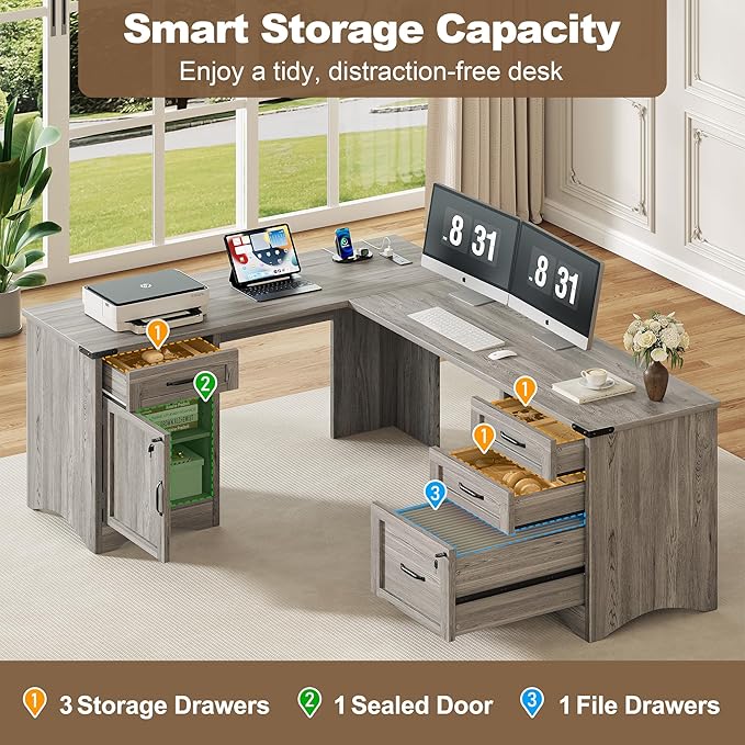 Decofy Farmhouse L Shaped Standing Desk with Storage Drawers, 67'' Corner Office Desk with File Cabinet & Charging Station, Wood Writing Computer Desk for Home Office, Study Room, Grey