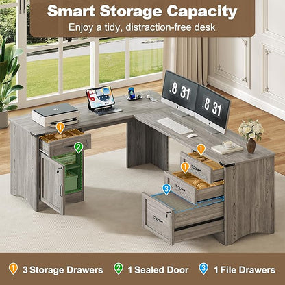 Decofy Farmhouse L Shaped Standing Desk with Storage Drawers, 67'' Corner Office Desk with File Cabinet & Charging Station, Wood Writing Computer Desk for Home Office, Study Room, Grey