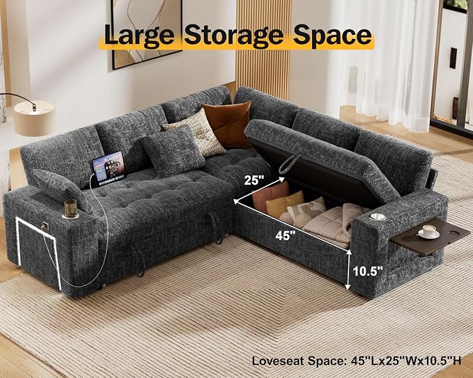 Vipbear 86" Modular Sectional Sleeper Sofa with Pull Out Bed, 5 Seat Chenille L Shaped Couch with USB Ports|Cup Holders|Side Table|Storage Loveseat, Tool Free Assembly, Grey