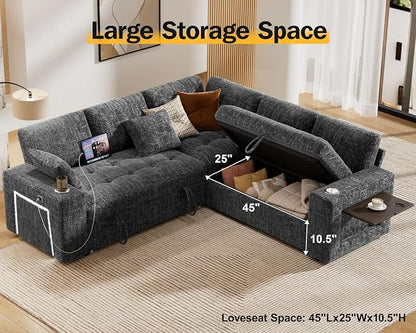 Vipbear 86" Modular Sectional Sleeper Sofa with Pull Out Bed, 5 Seat Chenille L Shaped Couch with USB Ports|Cup Holders|Side Table|Storage Loveseat, Tool Free Assembly, Grey