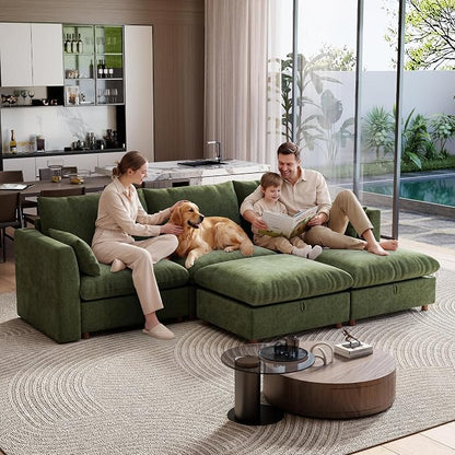 Ihanherry 117" Oversized Modular Sectional Sofa, Modern U Shaped Cloud Couch with 2 Storage Ottoman, 5-Seat Comfy Chenille Deep Seat Sofa with 2 Pillows for Living Room, Green