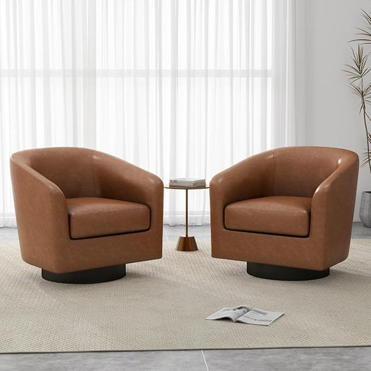 Faux Leather Swivel Barrel Accent Chairs Set of 2, Modern Upholstered Armchair Club Chair for Living Room, Round Arm Chair Bedroom Single Sofa Reading Seat - Brown