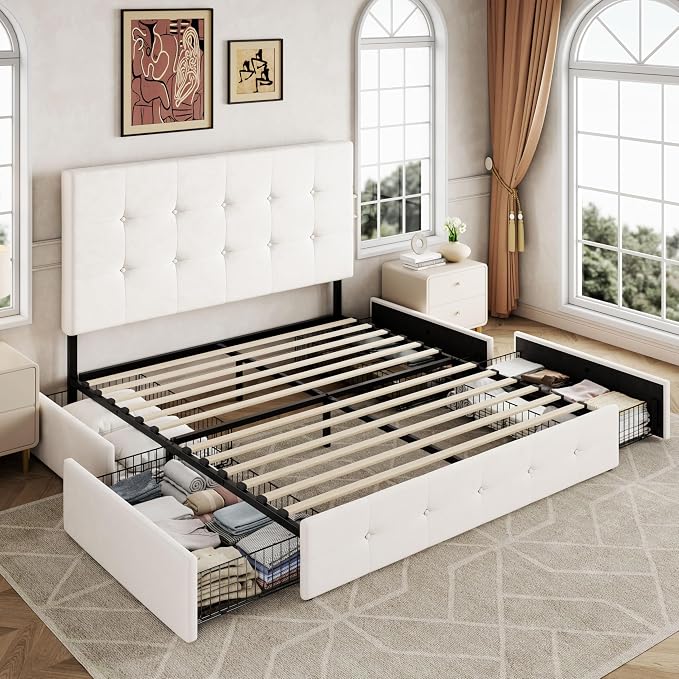 Allewie Upholstered Full Size Platform Bed Frame with 4 Storage Drawers and Adjustable Headboard, Square Button Tufted, Wooden Slats Support, Noise-Free, No Box Spring Needed, Easy Assembly, White
