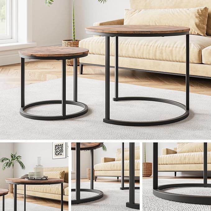 HOJINLINERO Round Coffee Table,Nesting Coffee Table Set of 2,Center Tables for Living Room,Office, Home Small Space,Stacking Side Tables,Sturdy and Easy Assembly,Wood Desktop,Rustic Brown,Small