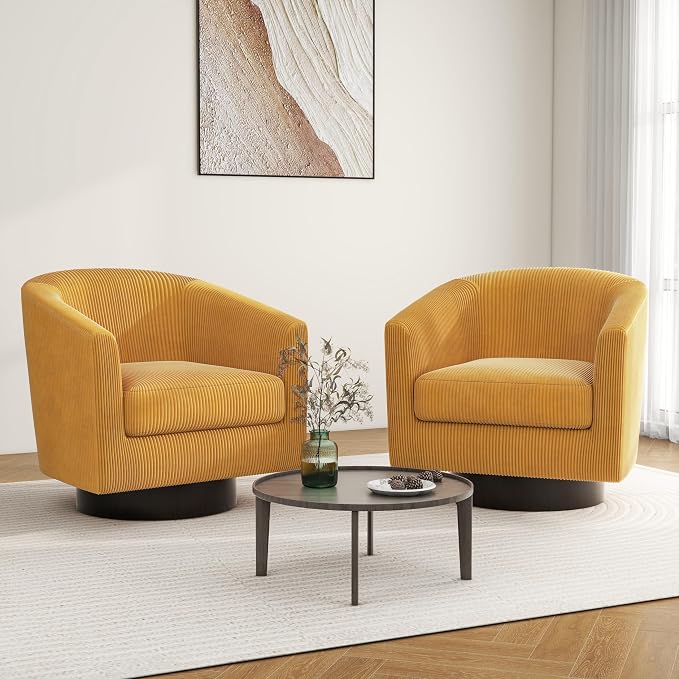 Swivel Barrel Accent Chair, Modern Round Corduroy Fabric Arm Chair for Living Room, Bedroom, Comfy Club Reading Chairs for Adults (Corduroy Orange, Set of 1)