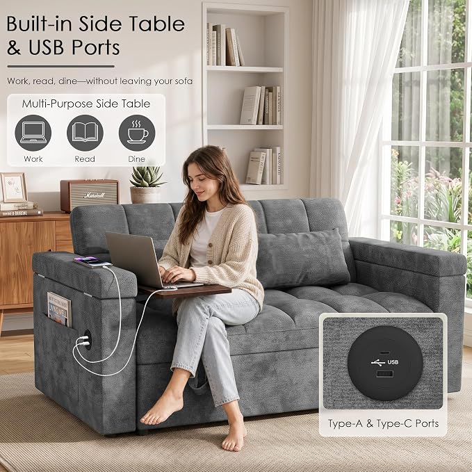 65'' Sleeper Sofa Bed, Pull Out Couch with Side Table | USB Charging Port | Adjustable Backrest | Chenille Fabric, Convertible Loveseat for Living Room, Apartment, Small Spaces (DeepGray)