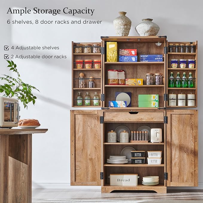 ACCOHOHO 72" Tall Kitchen Pantry, Farmhouse Storage Cabinet with Barn Doors, Organizer, Drawer and Adjustable Shelves, Rustic Wood Cupboard for Kitchen, Dining Room, Bathroom and Hallway, Light Walnut