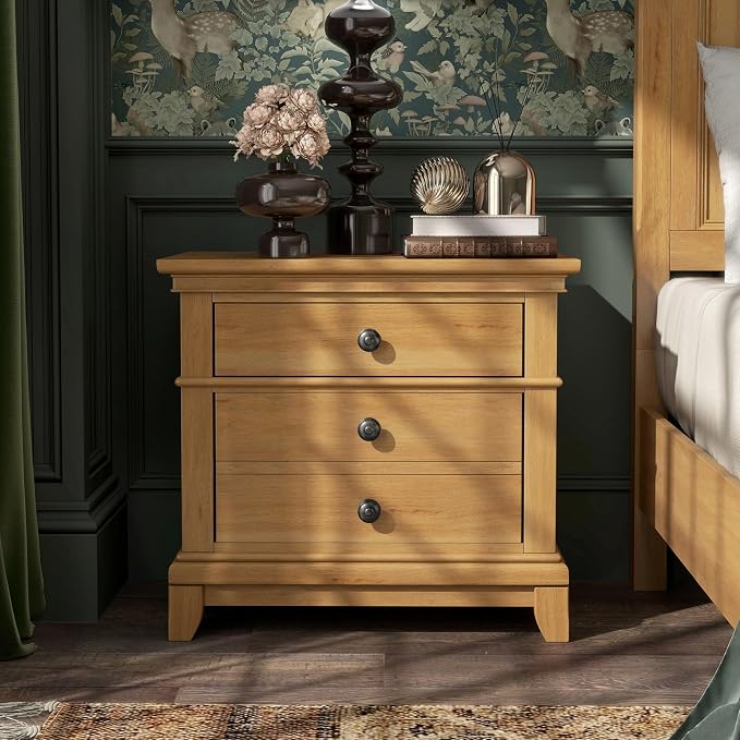 Furniture of America Yardley Farmhouse Solid Wood 3-Piece Bedroom Collection with Panel Bed and Nightstands Set of 2, Box Spring Required for Bedroom, Guess Room, King, Natural Oak