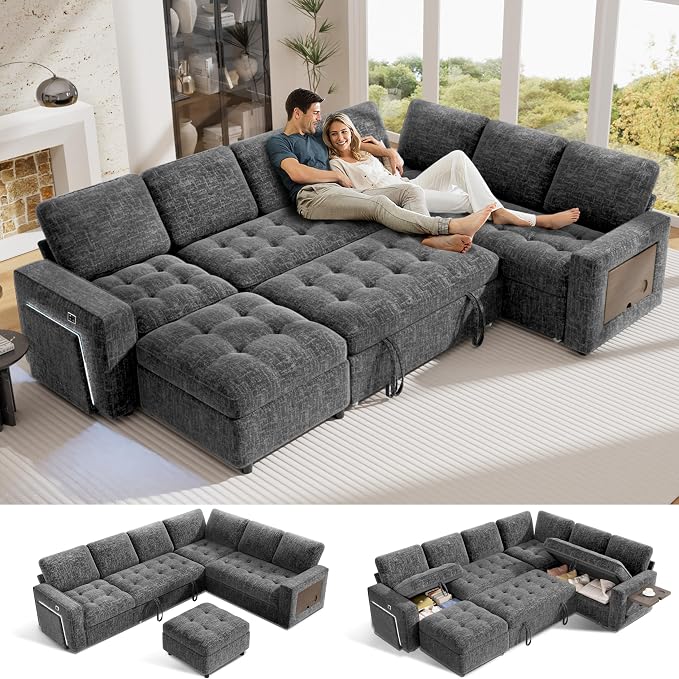 Vipbear 7 Seat L Shaped Modular Sectional Sleeper Sofa Bed with Ottoman/Pull Out Bed/Reclining Backrest/USB Ports/Table/LED Light/Storage Seat, Tool-Free Assembly, Dark Grey
