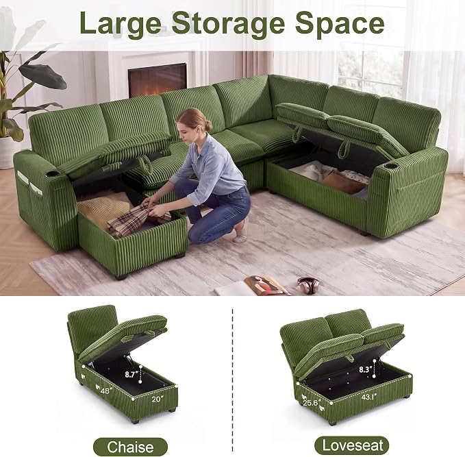 Sectional Sleeper Sofa with Pull Out Bed, Plush Corduroy 7 Seat Modular Sectional Sofa with Storage Chaise and Adjustable Backrest, Cloud Couches for Living Room, Apartment, Green