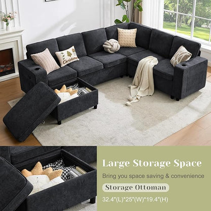 107 Inch Sectional Sleeper Sofa with Pull Out Bed, 7 Seat U Shaped Modular Sectional Sofa with Storage Ottoman, USB Port & 6 Pillows, Sectional Couches for Living Room & Apartment, Modular Couch,Black