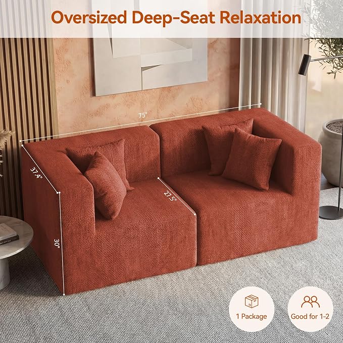 MONVANE 75" Loveseat Sofa, Comfy Chenille Modular Sectional Sofa with 4 Pillows, Modern Deep Seat Boneless Couch, 2 Seater Sofa for Living Room, Bedroom and Apartment, Rust Red