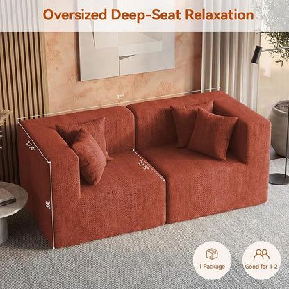 MONVANE 75" Loveseat Sofa, Comfy Chenille Modular Sectional Sofa with 4 Pillows, Modern Deep Seat Boneless Couch, 2 Seater Sofa for Living Room, Bedroom and Apartment, Rust Red
