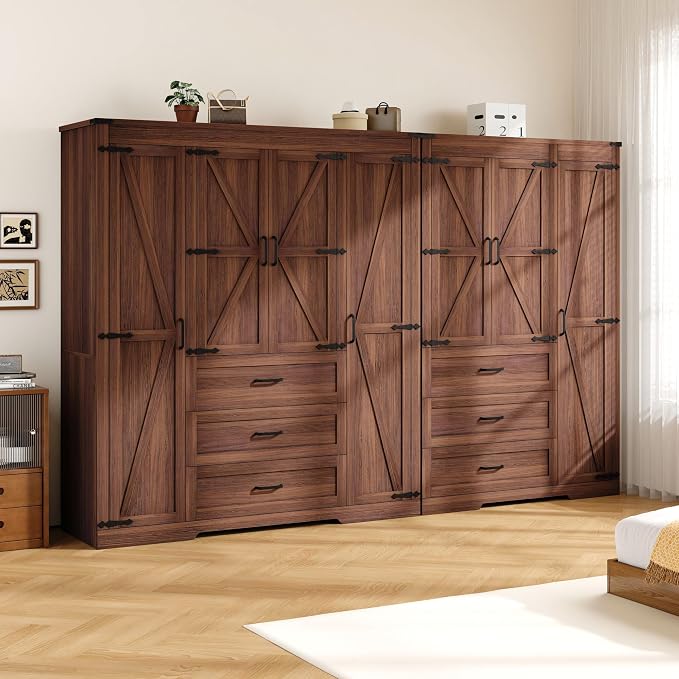 70" Tall Wardrobe Closet with 7 Doors & 6 Drawers, Farmhouse Armoire with Hanging Rod, Wooden Armoire Wardrobe Closet for Bedroom, Freestanding Clothing Storage Cabinet, Brown