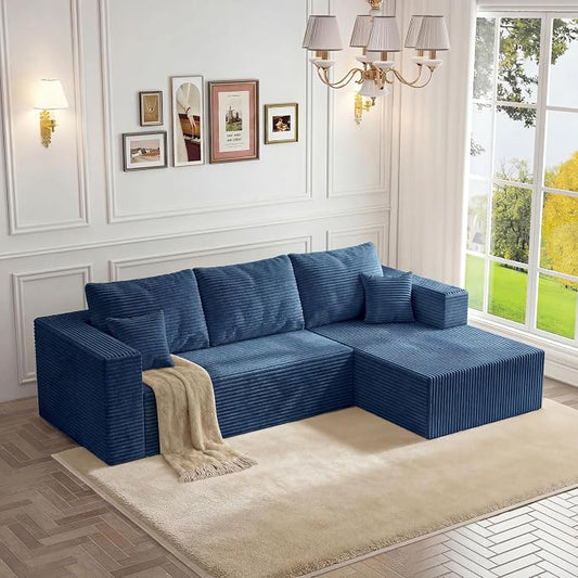 92.5" Modualr Sectional Sofa, L-Shape Corduroy Cloud Couch with Chaise,Upholstered Memory Foam Boneless Couch for Living Room, No Need Assembly,Blue(Right Facing Chaise)